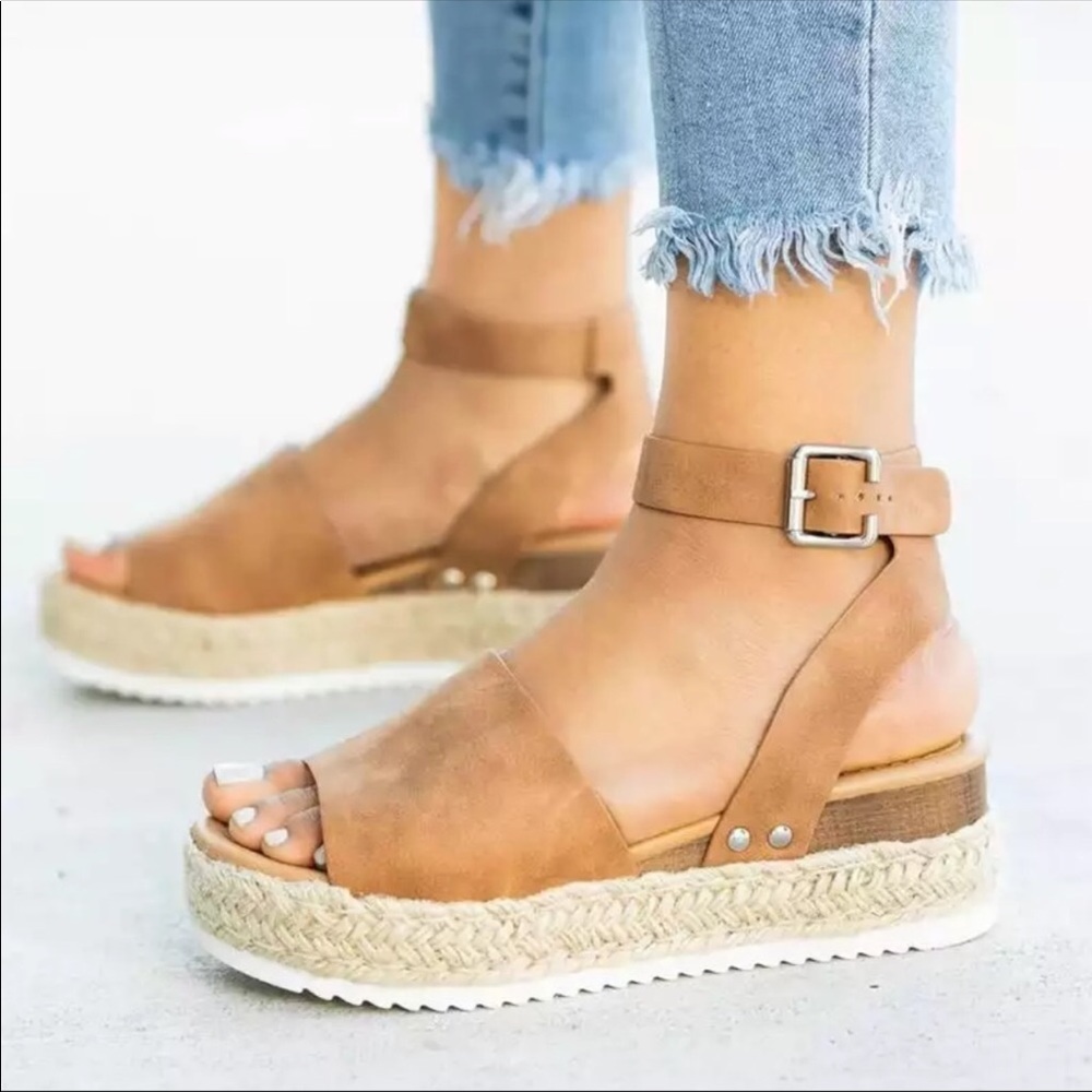 Tan Flatform Platform Espadrille Sandals - Picture 2 of 5